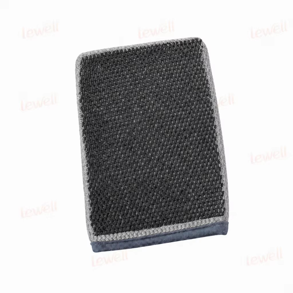 Dark grey clay wash mitt with textured grid surface and light blue bottom trim.