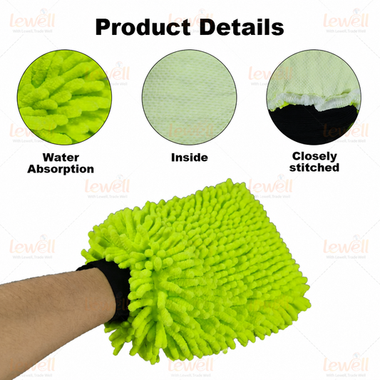 Chenille car wash mitt with elastic wristband, bright green, stitched details