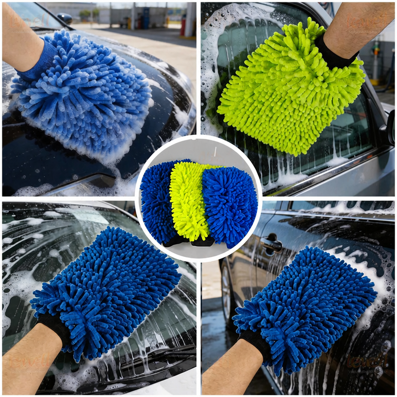 Chenille car wash mitts with elastic wristband, blue and green, scrubbing car glass