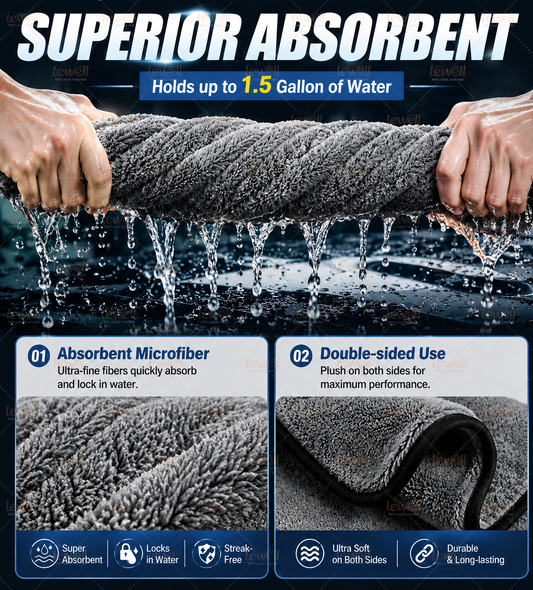 Gray twisted-loop car drying towel absorbing water on car surface