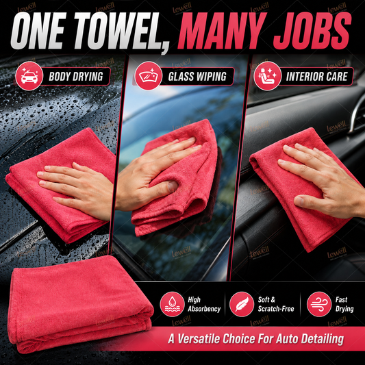 Car drying towel, red microfiber cloth with hand smoothing it