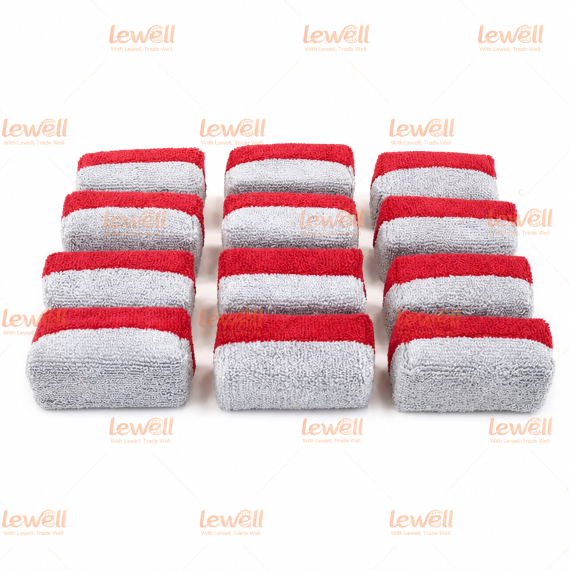 Red-and-white striped microfiber detailing applicator sponge block set, neatly stacked