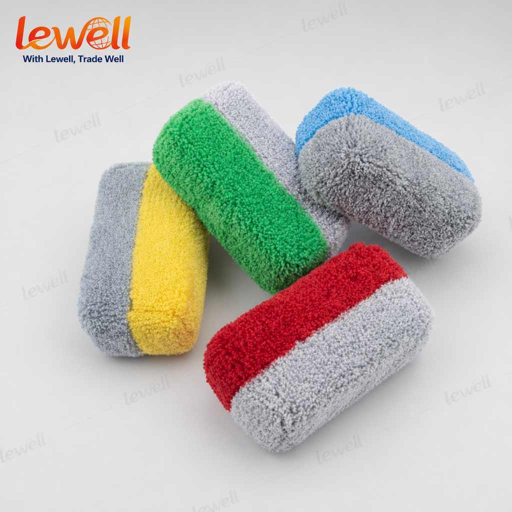 Car detailing microfiber applicator sponge block set in green, gray, blue, red, and yellow