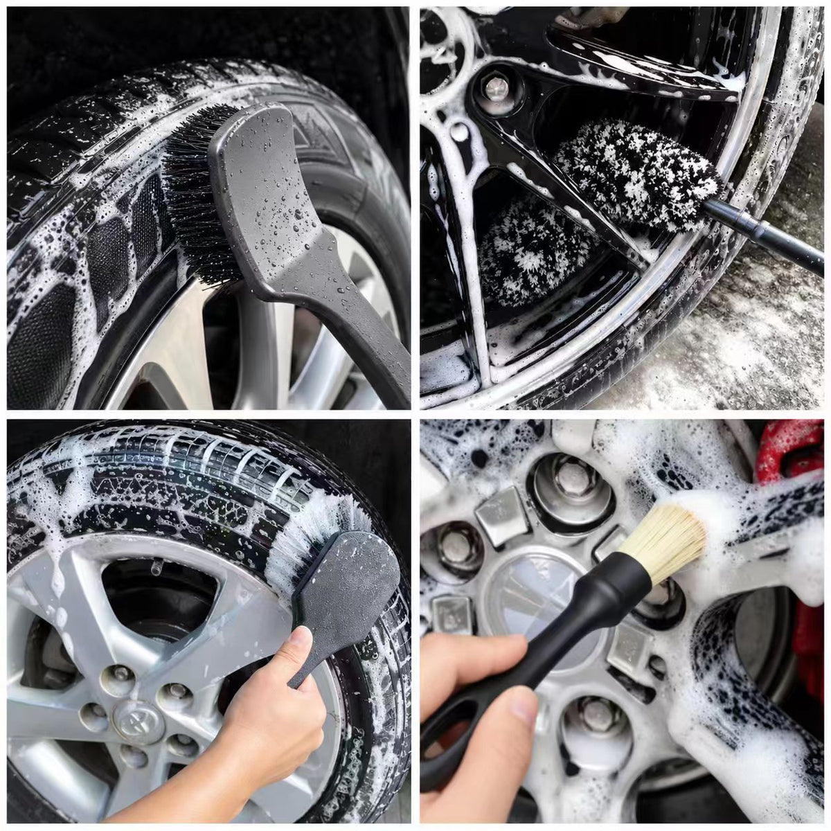 Wheel detailing brush with wide gray head scrubbing a silver alloy wheel