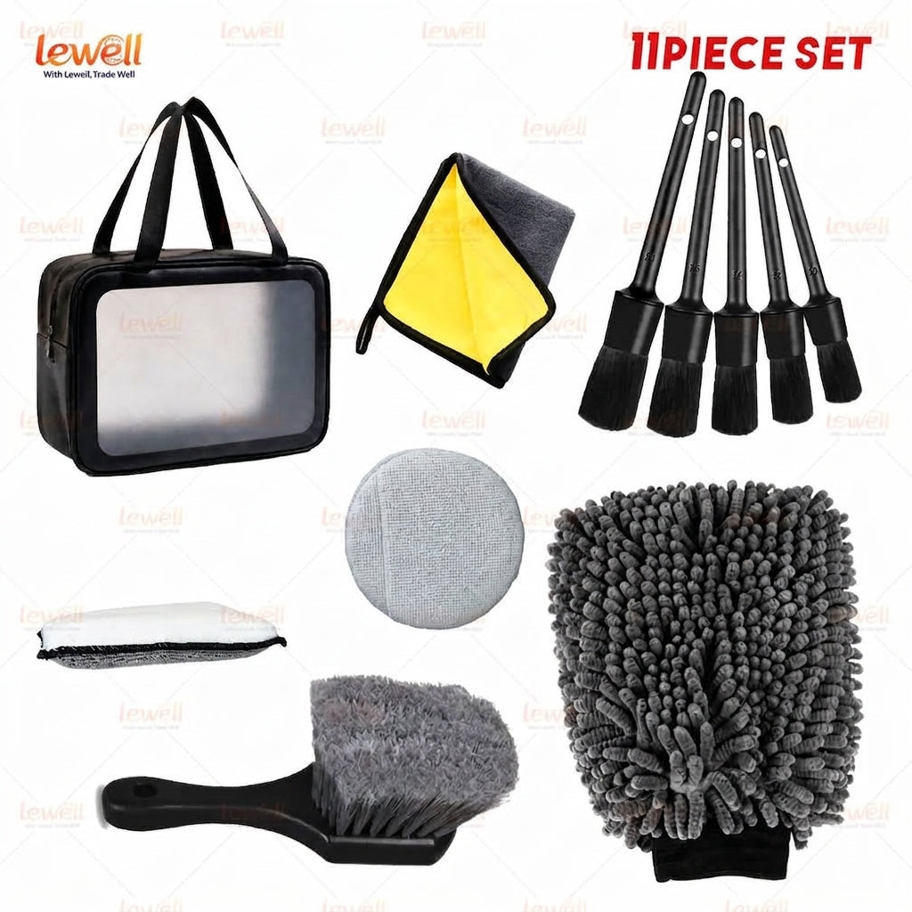 11-piece car detailing kit set: storage bag, bristle brushes, round pads, and cleaning cloths