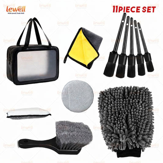 11-piece car detailing kit set: storage bag, bristle brushes, round pads, and cleaning cloths