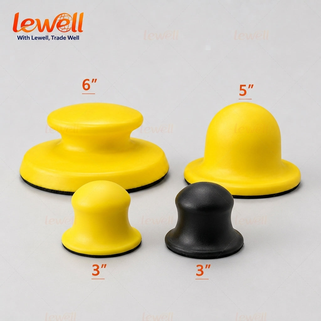 Handheld sanding block pads with yellow foam and black backing, assorted sizes