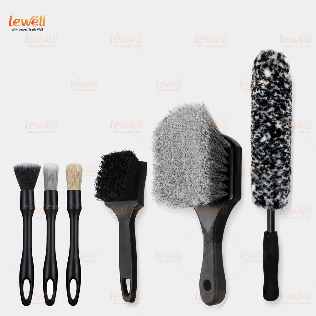 Assorted wheel cleaning brushes with black handles and mixed bristle textures