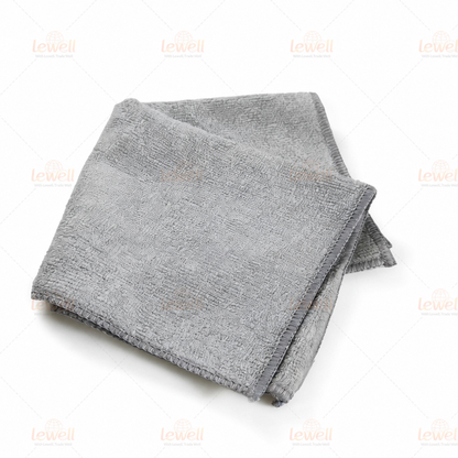 Gray microfiber cleaning cloth stack, folded square with textured weave