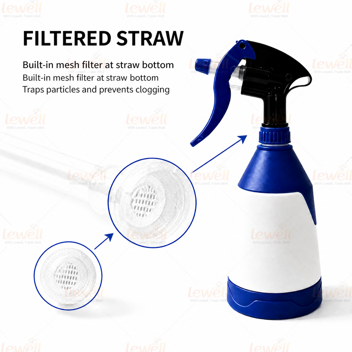 Blue 650ml spray bottle with black trigger and built-in filter spray head