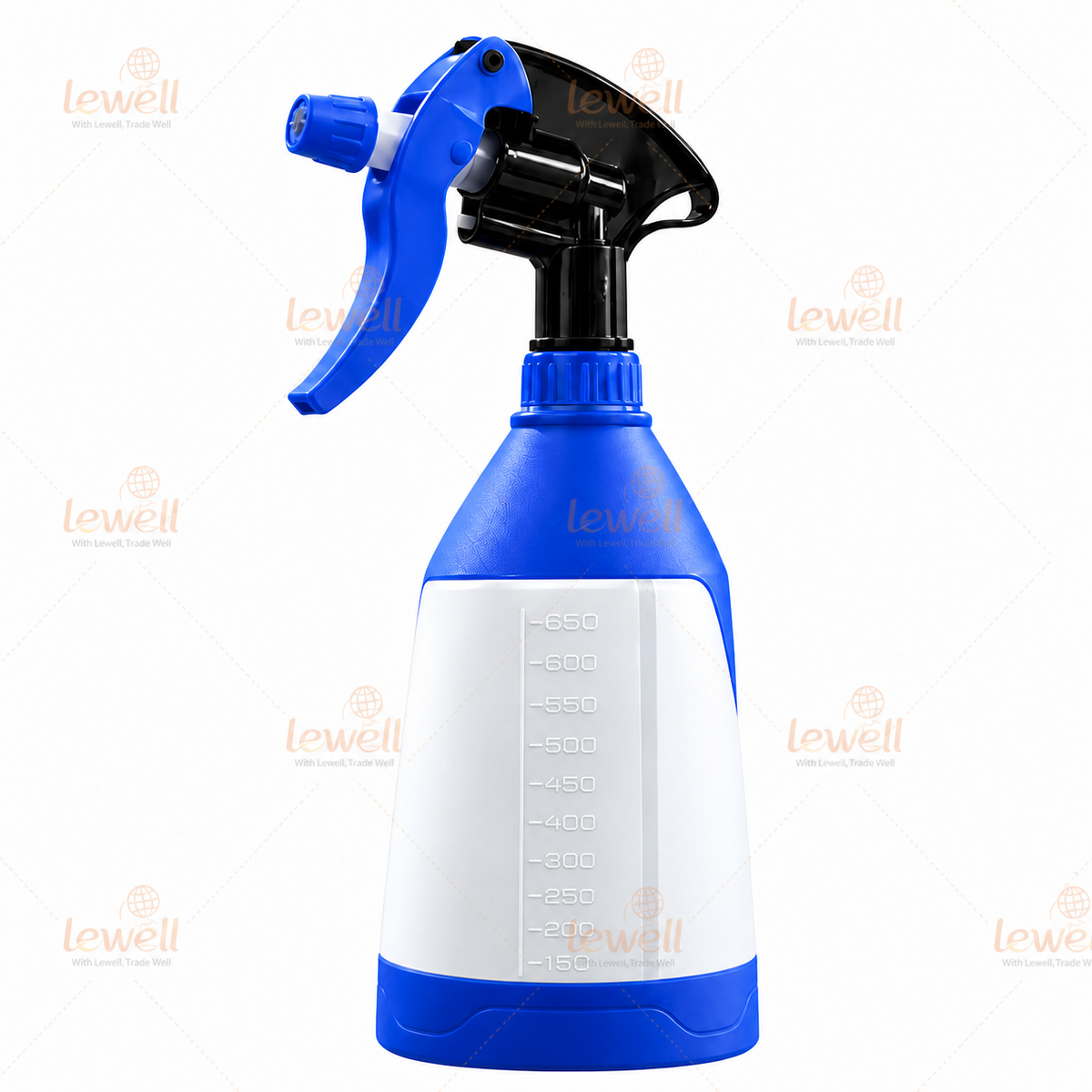 Blue 650ml spray bottle with black trigger nozzle and clear measurement scale