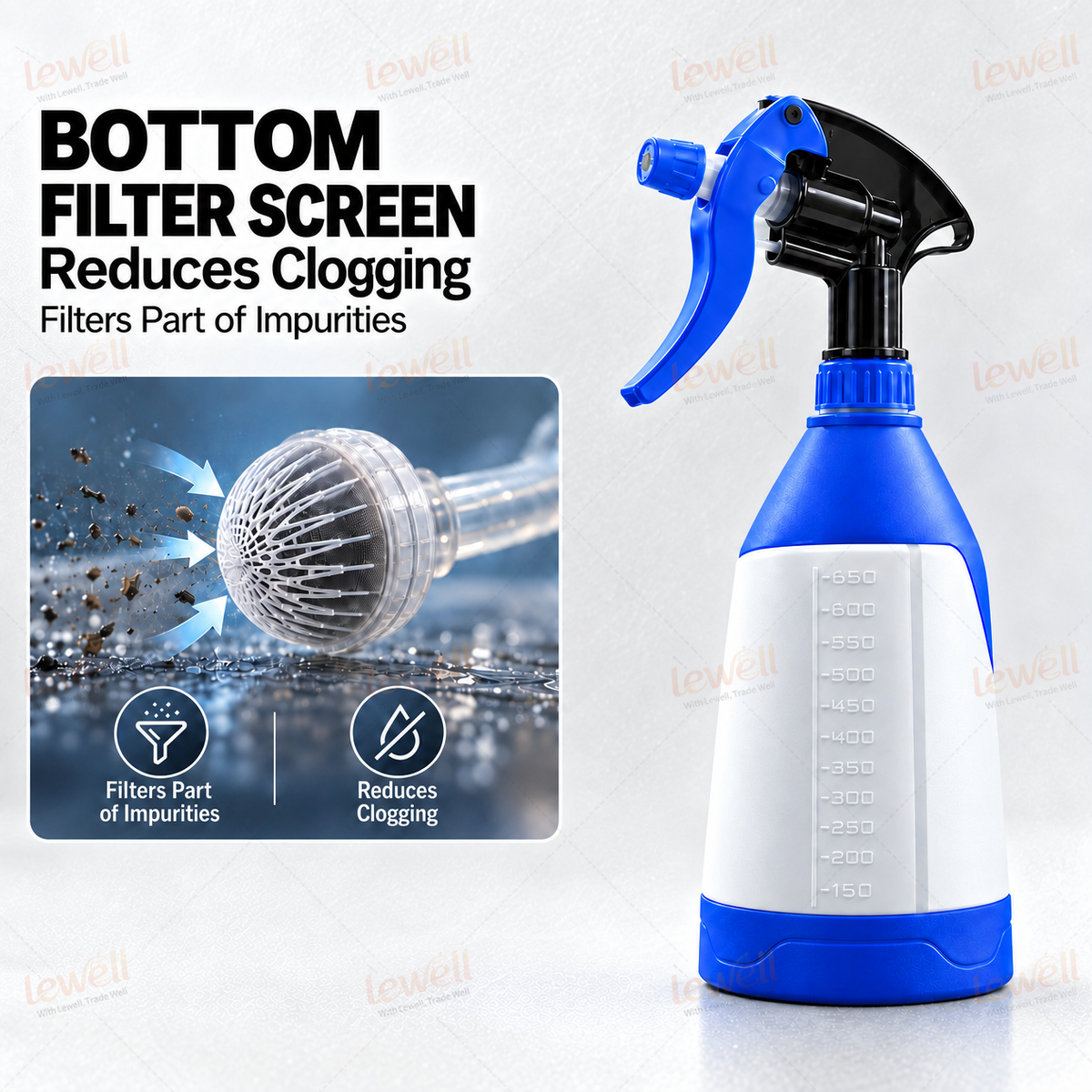 Blue 650ml spray bottle with black trigger and visible bottom filter screen