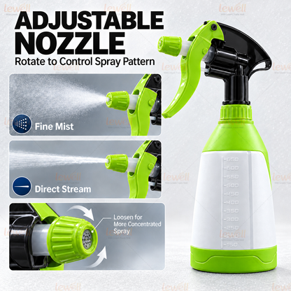 Green 650ml spray bottle with adjustable nozzle, black trigger, fine-mist tip