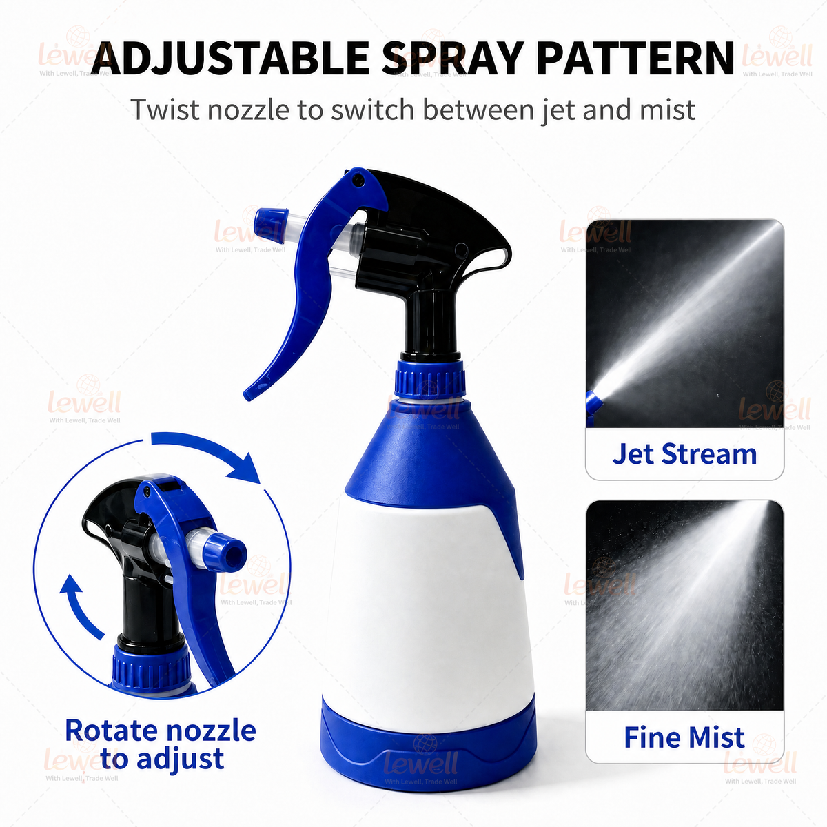 Blue 650ml adjustable spray bottle with black trigger nozzle for jet stream or mist