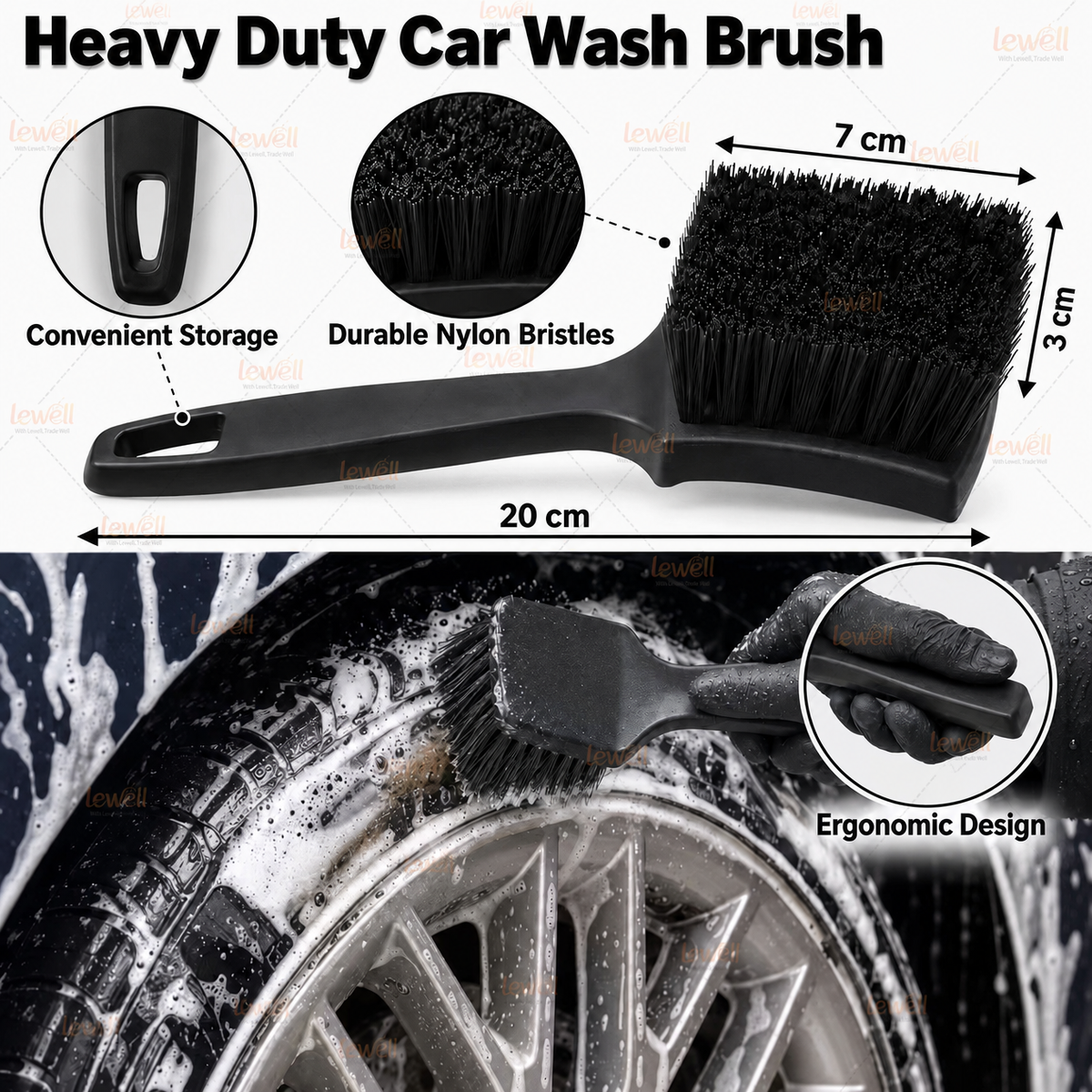 Heavy-duty car wash brush with black handle and dense nylon bristles for wheels
