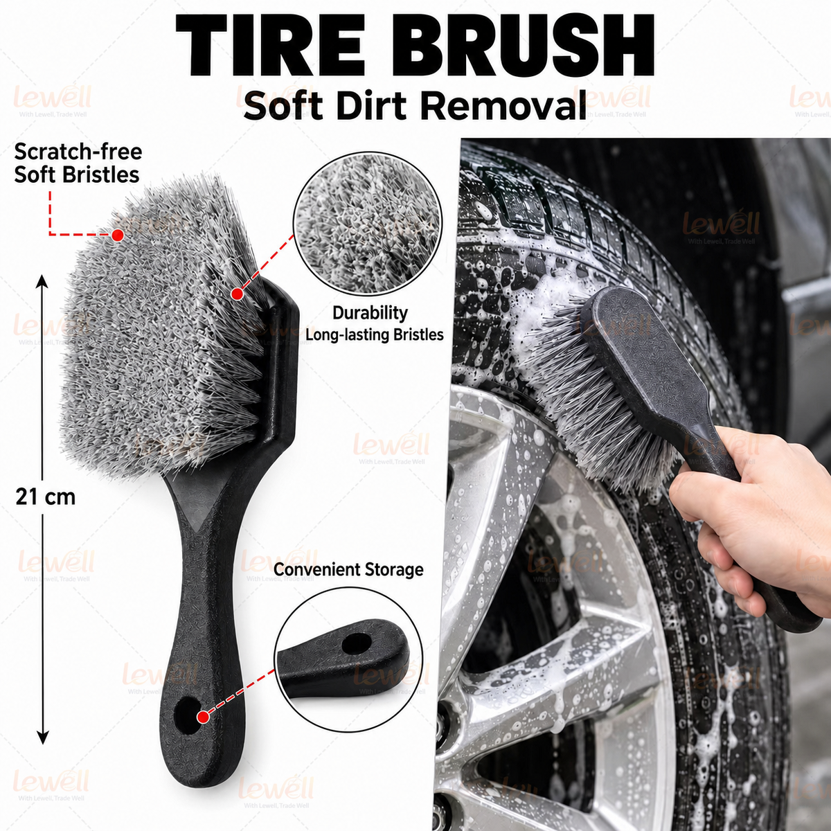 Soft tire brush with rounded head and long bristles for gentle dirt removal