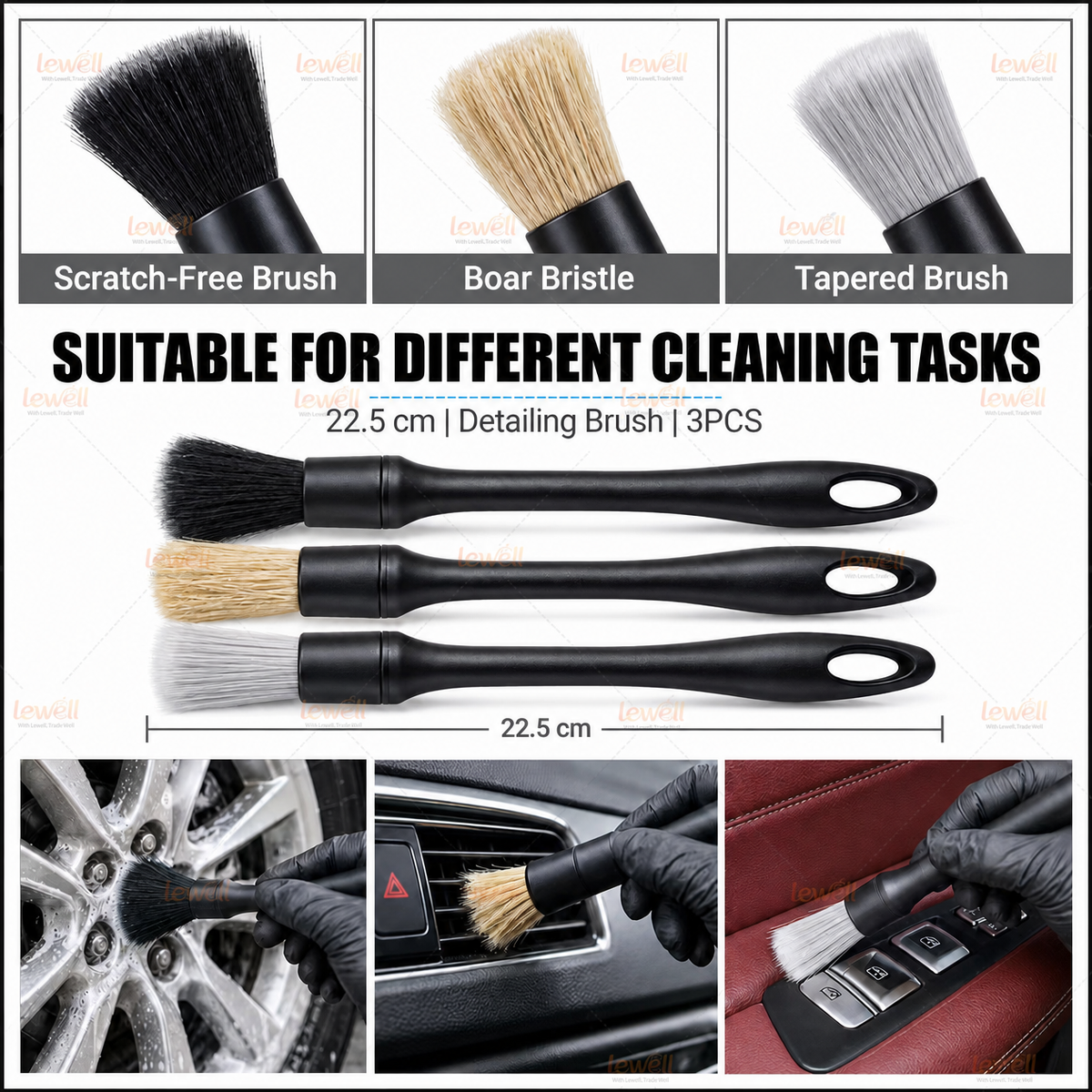 Set of wheel detailing brushes with different bristle types: black, boar, and tapered