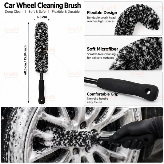 Car wheel cleaning brush with microfiber-style bristles and comfortable grip handle