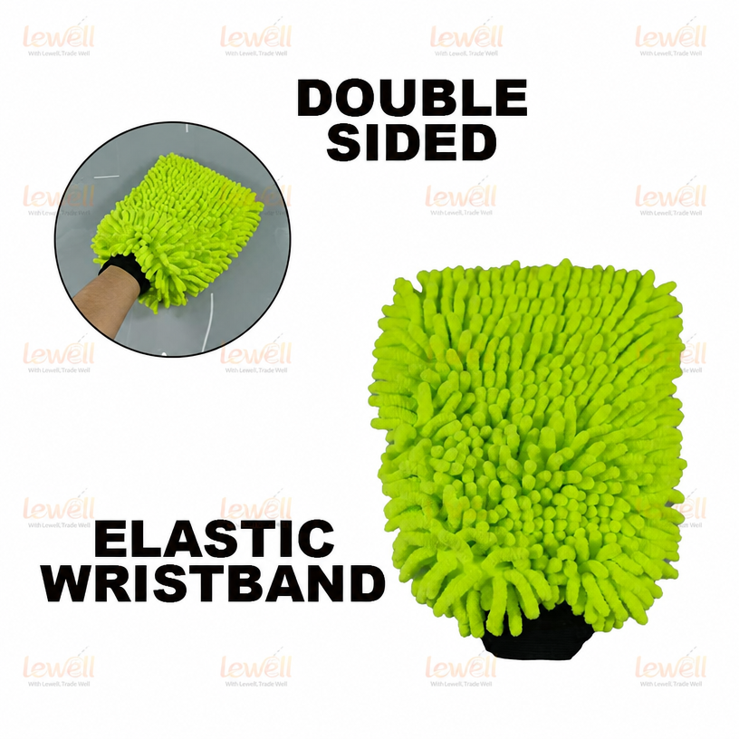 Chenille car wash mitt with elastic wristband, bright green, double-sided pile