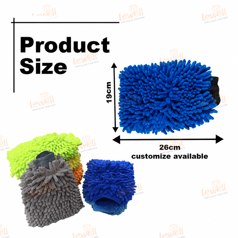 Set of chenille car wash mitts with elastic wristband, blue and grey size view