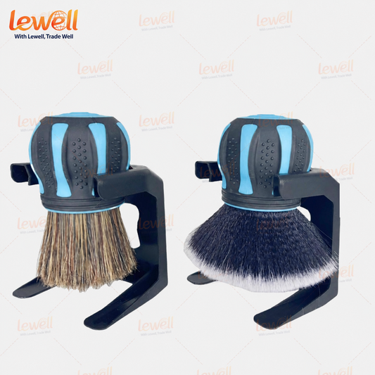 2-piece dome car detailing brush set with black stands; blue handles; tan and white bristles