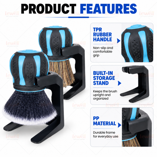 Two dome car detailing brushes showing raised grip pads and upright storage stands