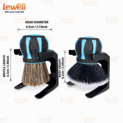 Pair of dome car detailing brushes with blue bands, black stands, tan and white bristles