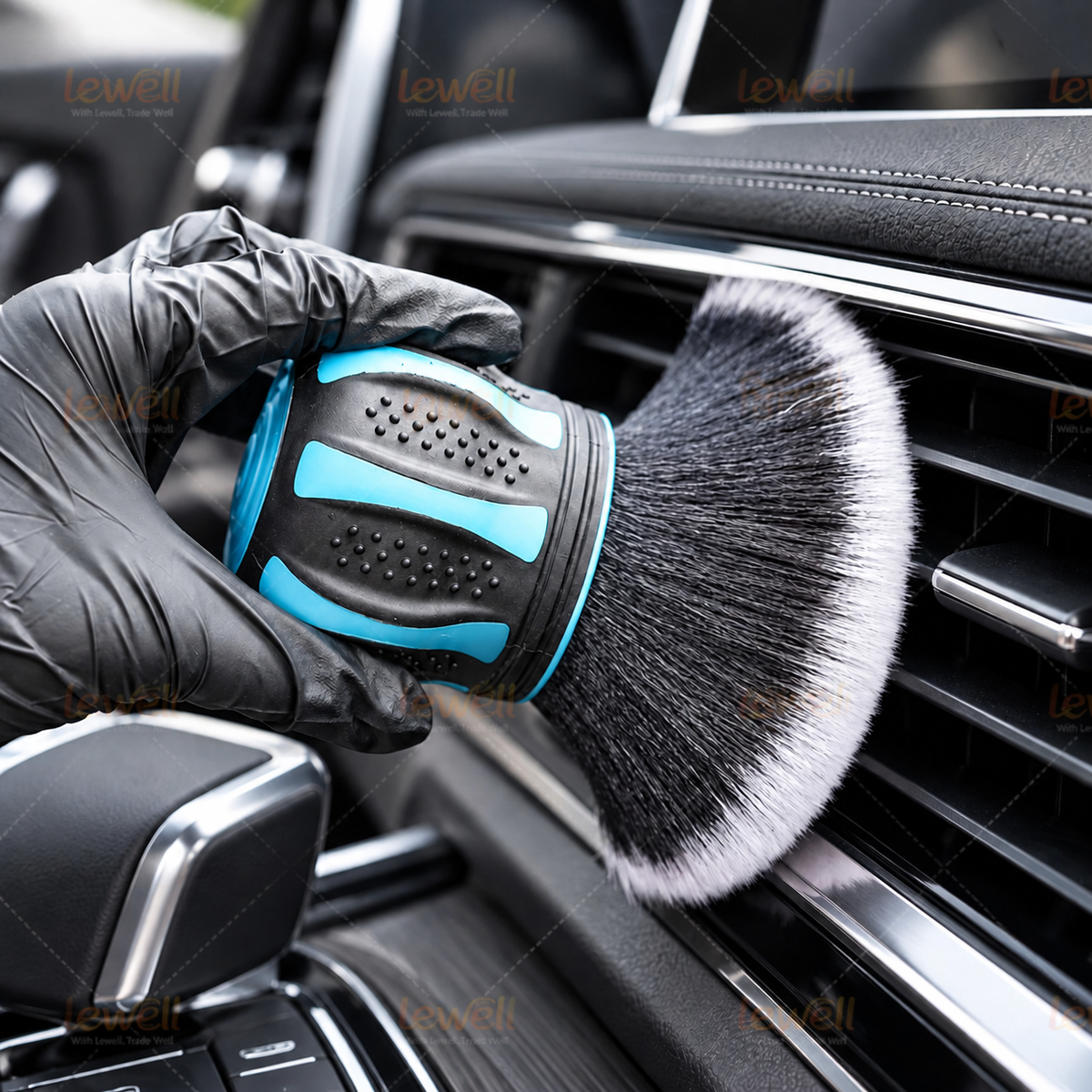 Gloved hand using a dome detailing brush with blue handle to scrub a car seat area