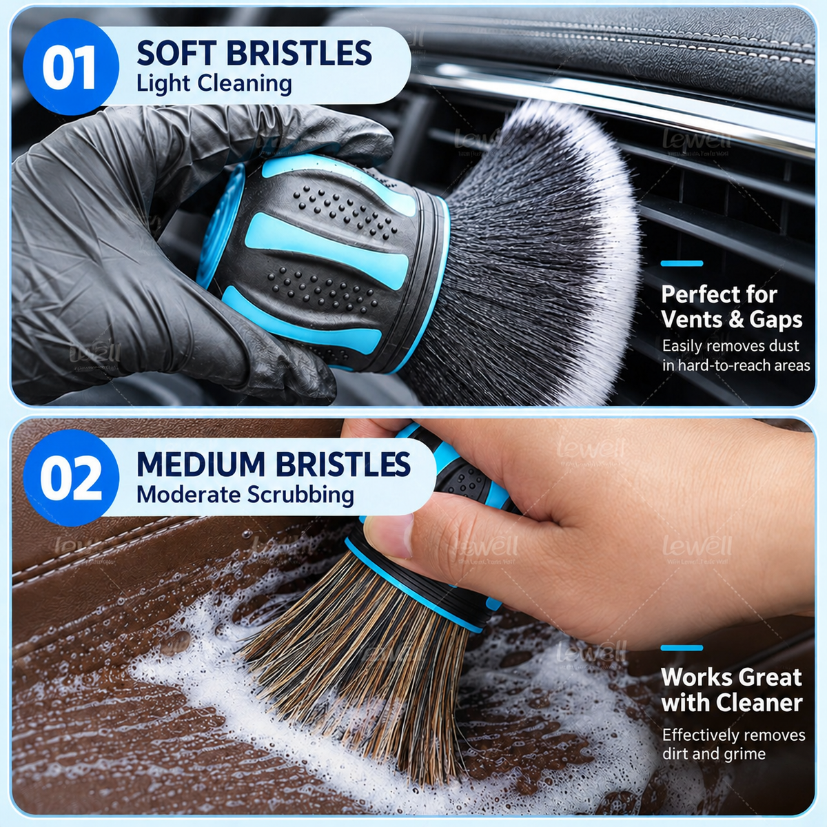 Two dome brush heads with blue grips; soft white and medium tan bristles for car cleaning