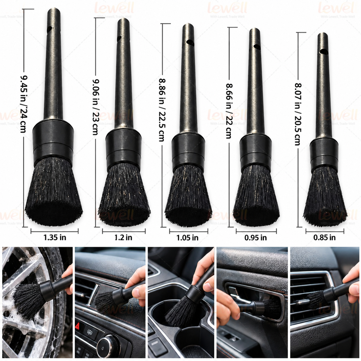 Car wash detailing brush set with multiple foam-and-bristle brush heads