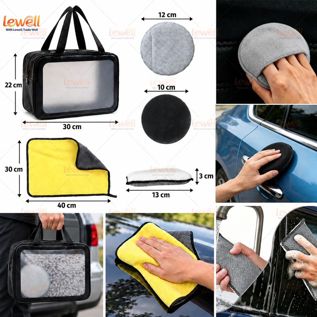 Car detailing kit accessories with carrying bag, microfiber pads, and polishing cloths
