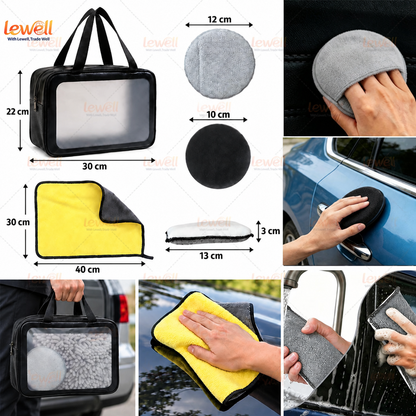 Car detailing kit accessories with carrying bag, microfiber pads, and polishing cloths