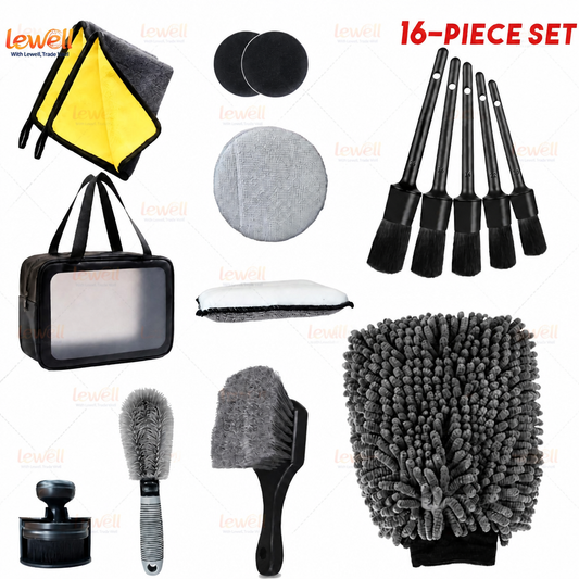 16-piece car detailing kit set with brushes, pads, towels, mitt, and storage bag