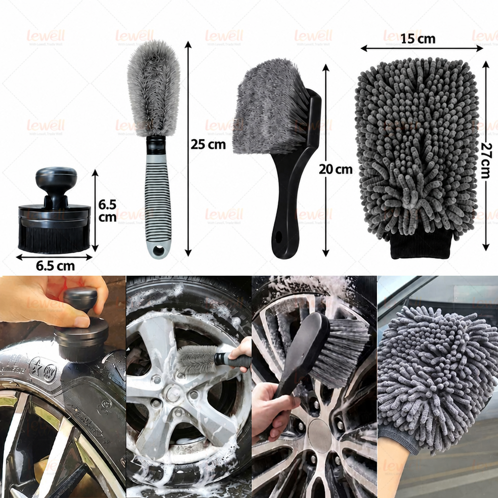 Car detailing brush set with long scrubbers, tire brush, and large microfiber wash mitt