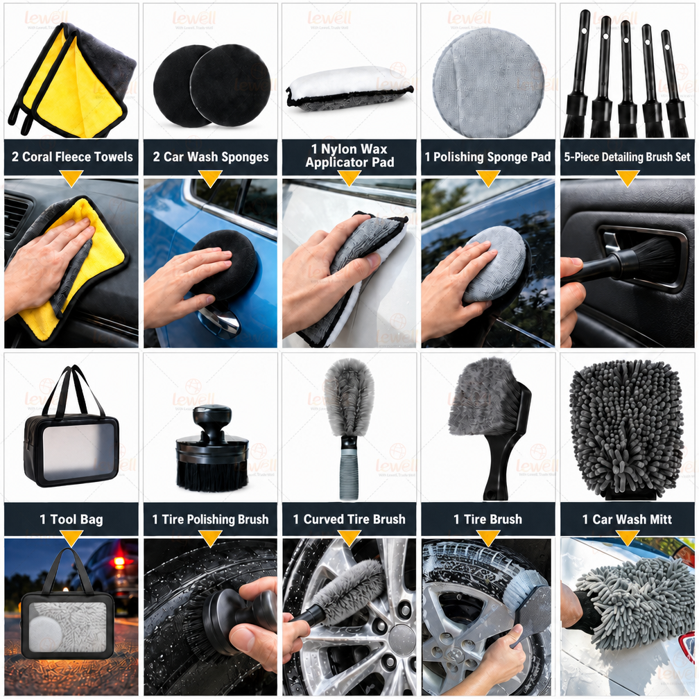 Car detailing kit assortment with polishing pads, sponges, towels, brushes, and wash mitt