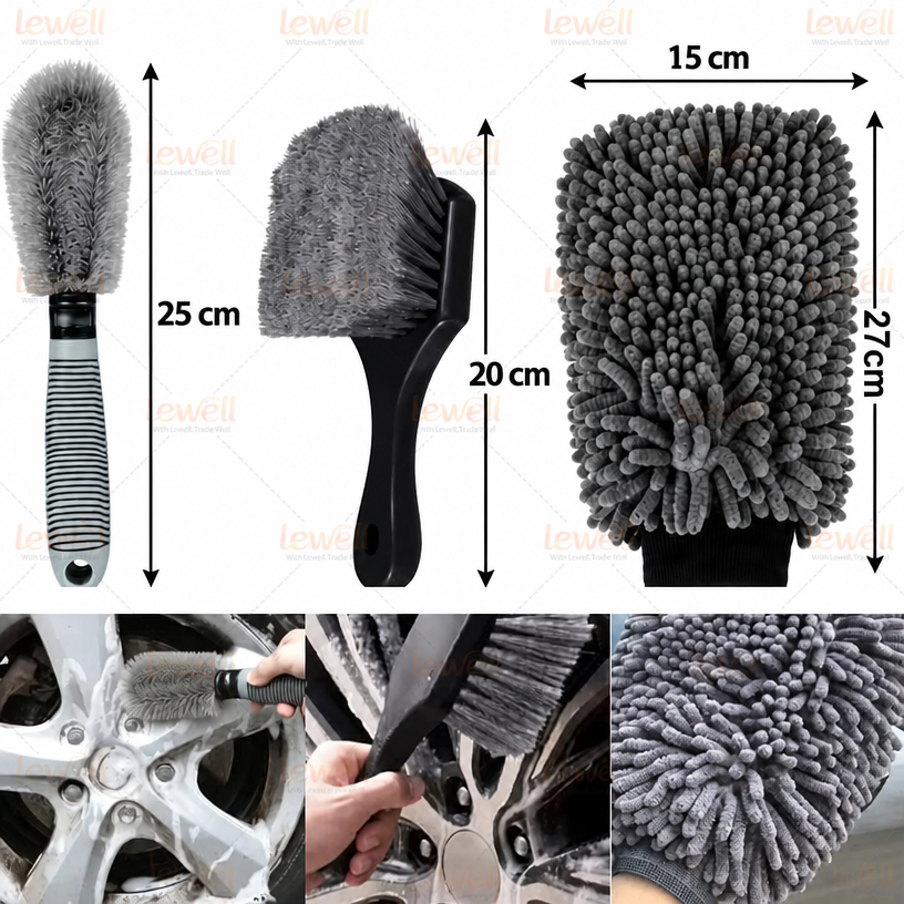 Car detailing kit brushes with gray bristles and black handles for cleaning wheels