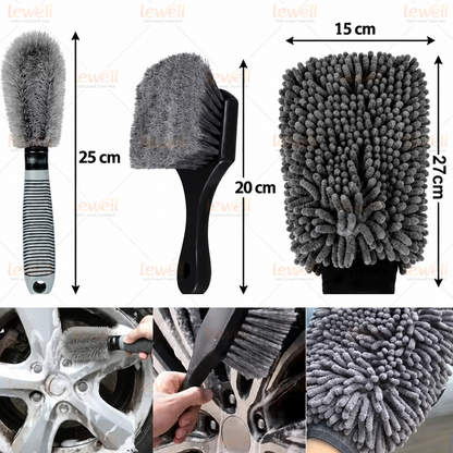 Car detailing kit brushes with gray bristles and black handles for cleaning wheels