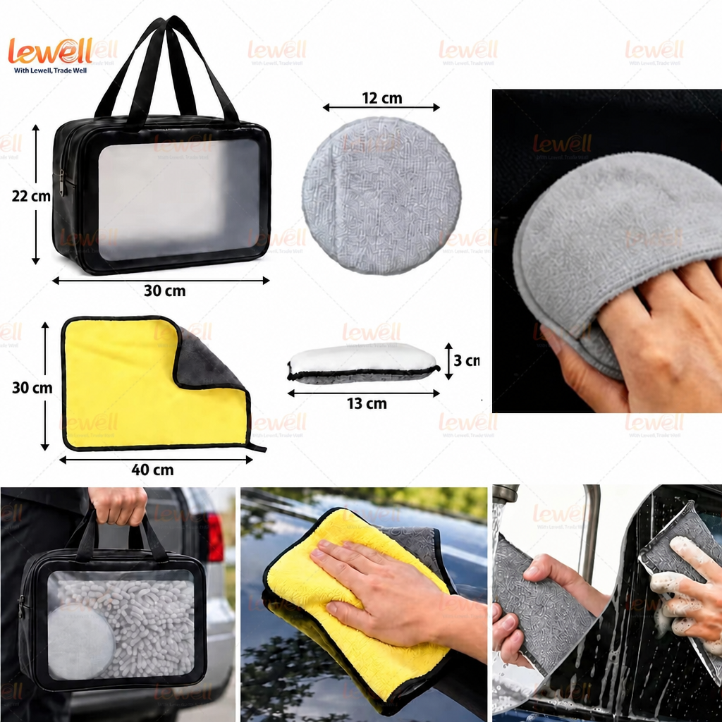 Car detailing kit accessories in black zip bag: gray pad, yellow cloth, and cleaning mitt
