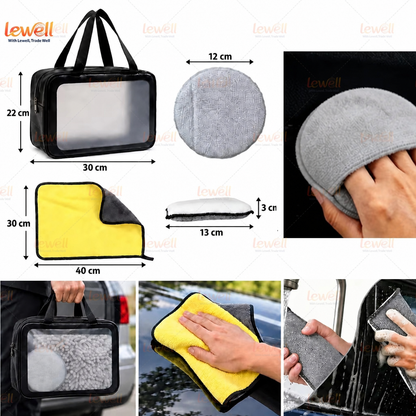 Car detailing kit accessories in black zip bag: gray pad, yellow cloth, and cleaning mitt