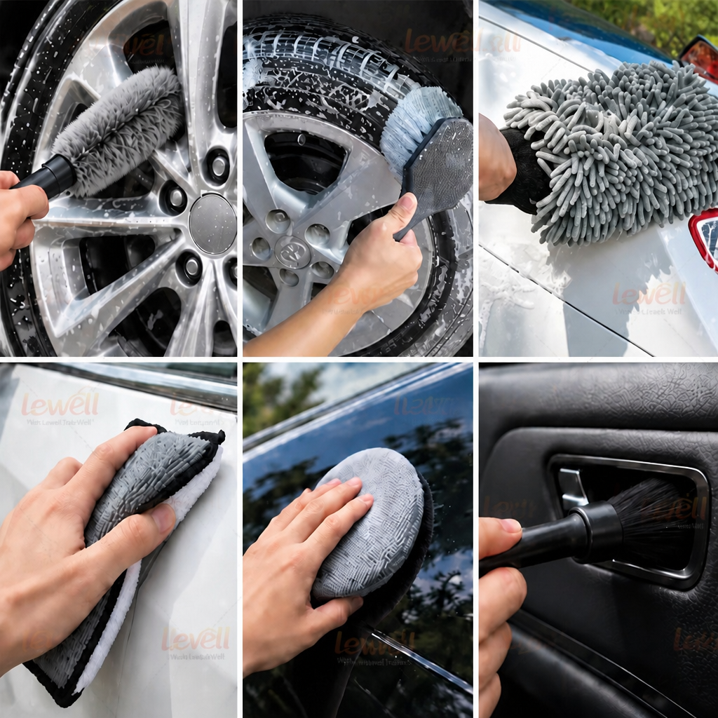 Car detailing kit cleaning tools in use on a car wheel and surfaces with gray bristle brush