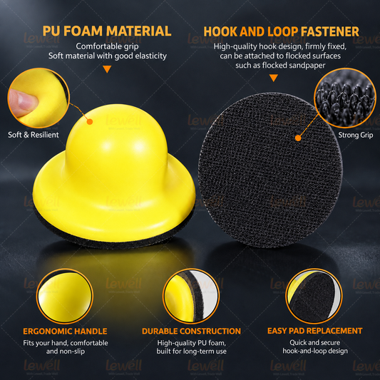 Yellow PU foam sanding pad with black hook-and-loop fastening disc
