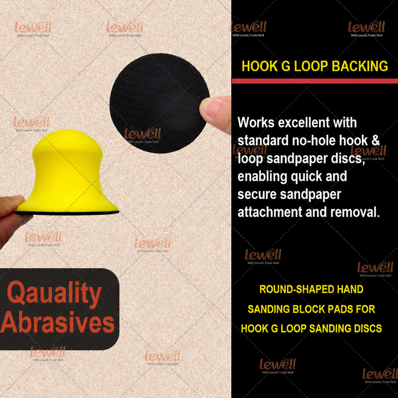 Yellow foam hand sanding block with a matching round black hook-and-loop pad