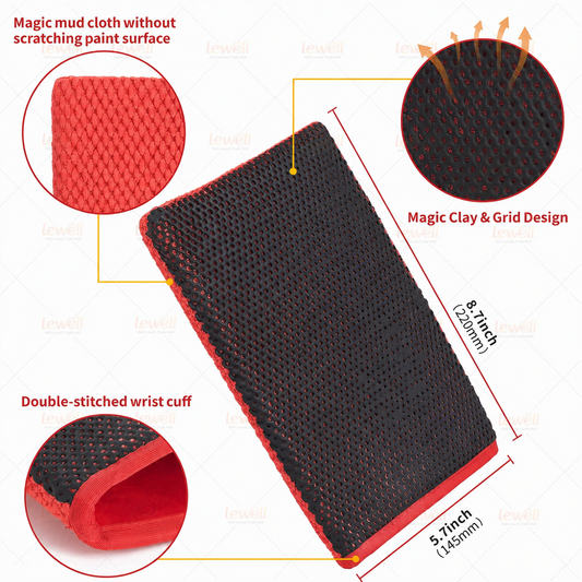 Clay wash mitt with grid texture, dark grey face and red double-stitched wrist cuff.