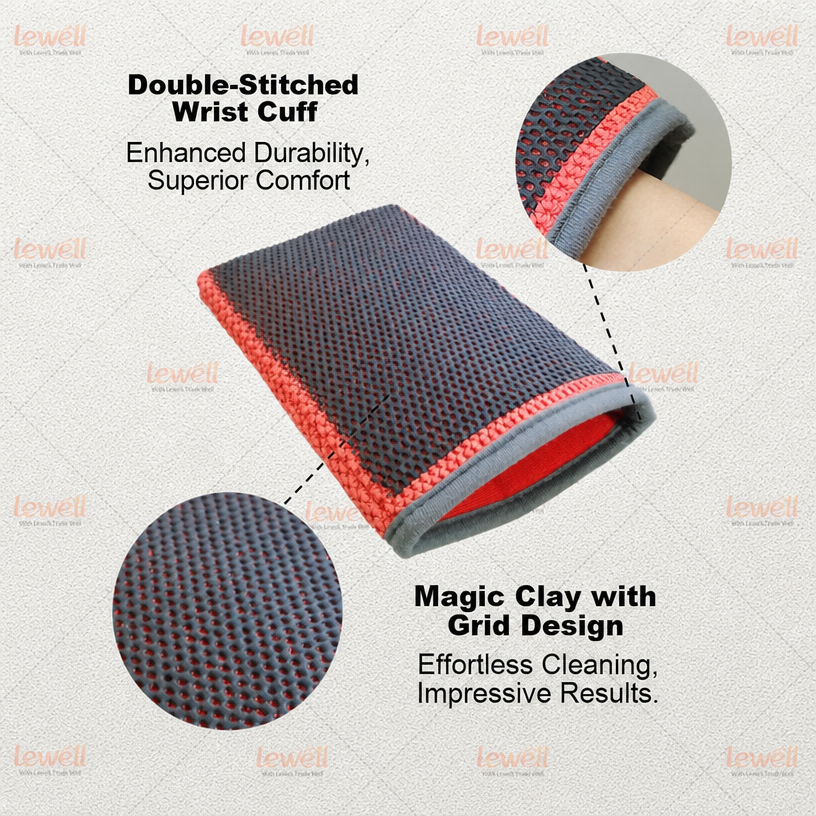 Clay wash mitt with grid texture, grey face and red double-stitched wrist cuff.