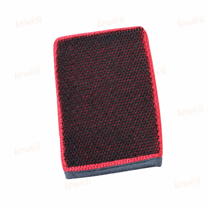 Red clay wash mitt with textured grid surface and dark grey bottom trim.