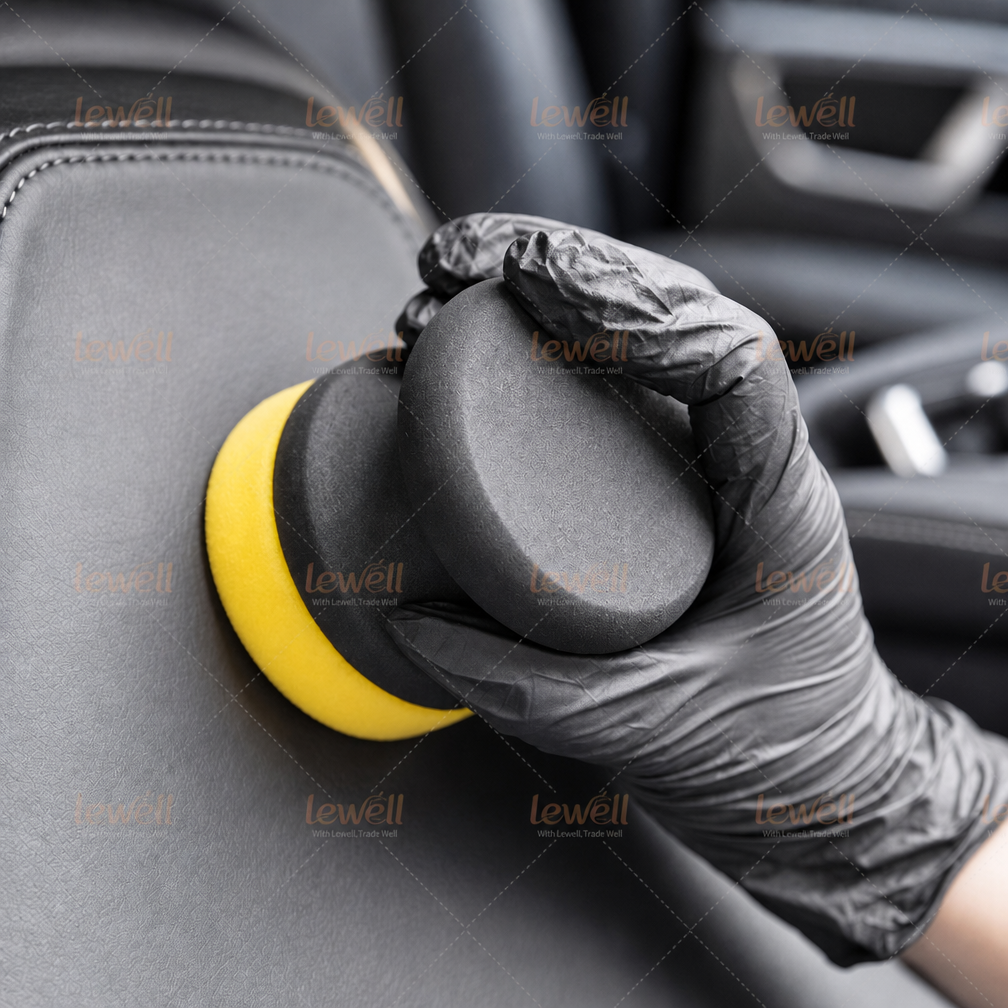 Black EVA sanding block with hook-and-loop backing held by gloved hand.