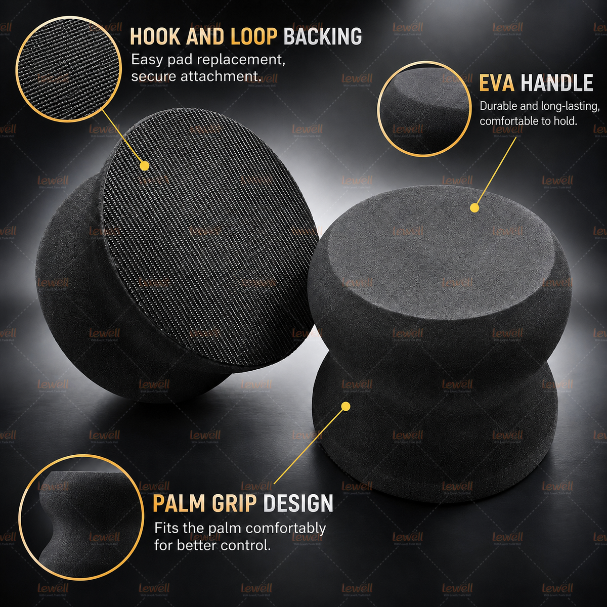 Black EVA sanding block set with hook-and-loop backing and palm-grip design.