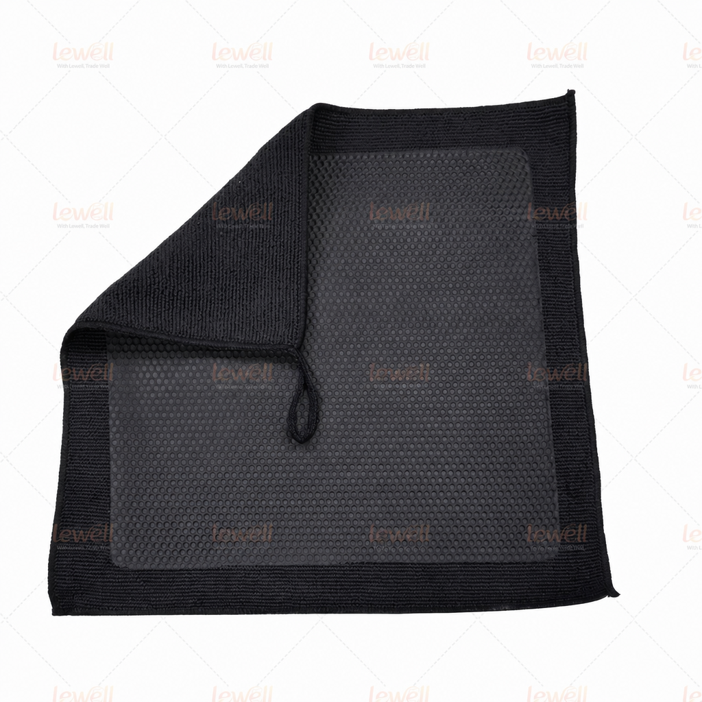 Black clay decontamination towel with honeycomb pad and hanging loop