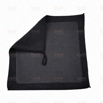 Black clay decontamination towel with honeycomb pad and hanging loop