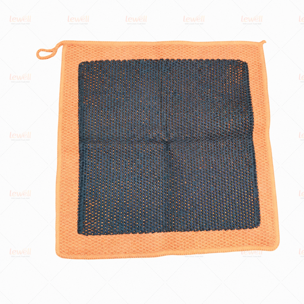 Orange clay decontamination towel with blue honeycomb pad and hanging loop